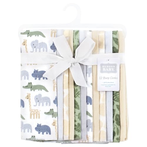 Image of Hudson Baby Cotton Flannel Burp Cloths 12-Pack Bundle, Wild Leaf Safari, One Size