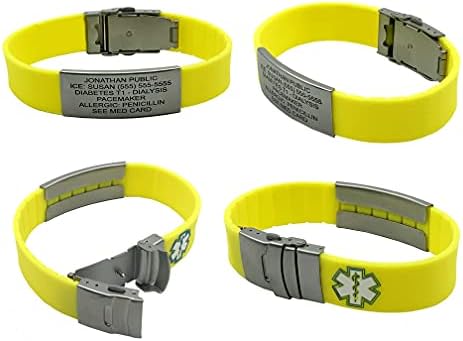 Stylish Medical Alert Bracelets – Yellow Sport: Waterproof, Hypoallergenic Silicone wristband, Free Laser Engraving, Free Standard Shipping, Emergency Medical Card Included.