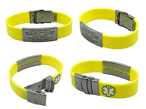 Stylish Medical Alert Bracelets – Yellow Sport: Waterproof, Hypoallergenic Silicone Wristband, Free Laser Engraving, Free Standard Shipping, Emergency Medical Card Included. #TOP18