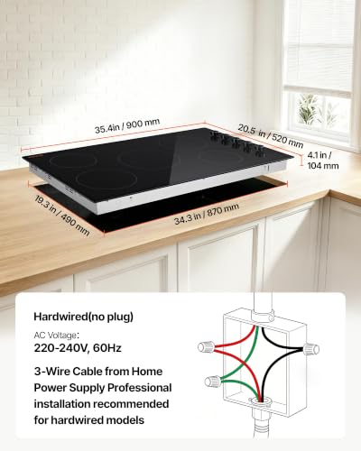 Image of VEVOR Electric Cooktop 36inch 5 Burners Stove Top 8800W 220V No Plug, Ceramic Built-in Radiant Electric Stove, with 11 Power Levels, Timer, Child Lock, Over-Heat Guard, Knob /Touch Control