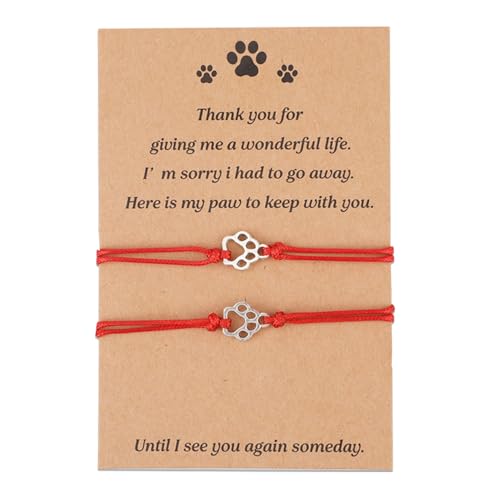 Tinoaly 2pcs Pet Memorial Bracelets, Paw Print Friendship Bracelet Adjustable Memorial Gifts Jewelry for Loss of Dog & Cat Sympathy Bereavement Gifts for Pet Lovers (Red)