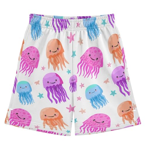 Cartoon Jellyfish Starfish Colorful Boys Athletic Shorts Kids Youth Casual Shotrs with Pockets Elastic Waistband