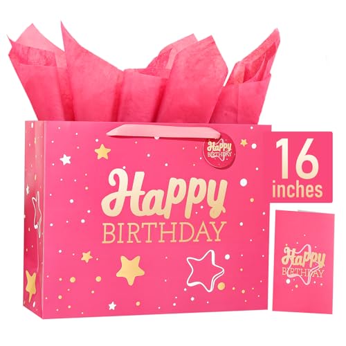 Image of Powbrace 16 inch Pink Happy Birthday Gift Bag with Tissue Paper and Greeting Card for Party,Happy Birthday Gift Bag for Men Women,Gift Bags Extra Large(1 PCS True Pink)