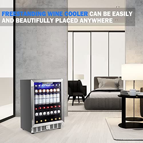 Image of COWSAR Wine Cooler Refrige ETL Approved 24inch Wine Fridge Freestanding or Built-in Wine Refrigerator 5.1Cu.Ft Wine Fridge Under Counter Stainless Steel Wine and Beverage Refrigerator with Glass Door