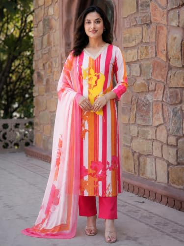 Image of ANNI Designer Women's Cotton Blend Printed Straight Cotton Blend Kurta with Pant and Dupatta | Kurta Set for Women Suit Set for Women | Indian Ethnic Wear Women's Ethnic Clothing Designer