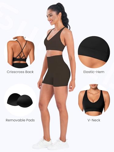Image of Sunzel Strappy V Neck Criss Cross Back Sports Bra for Women | Removable Pads, Buttery Soft, Four-Way Stretch, Criss Cross Back, V Neck Contour Fit, Medium-Light Support, Yoga Workout Gym