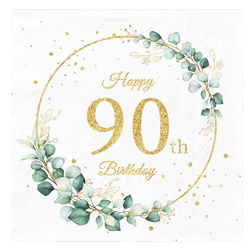 40Pcs 90th Birthday Day Napkins Sage Green Eukalyptus Birthday Day Party Table Decorations Disposable Paper Serviettes for Women Men Him Her Party Decorations