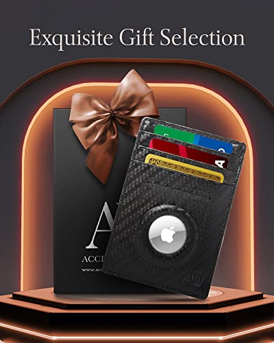 Image of Access Denied AirTag Holder Slim Wallet Genuine Leather RFID Blocking Gifts For Men, Black Carbonfiber, Small, Minimalist