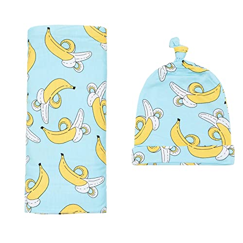 Image of Little Sleepies Newborn Swaddle + Hat Set, Viscose from Bamboo Baby Wrap, Bananas
