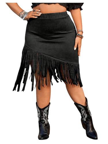 MakeMeChic Women's Plus Size Fringe Skirt Elastic High Waist Tassel Bodycon Short Skirts