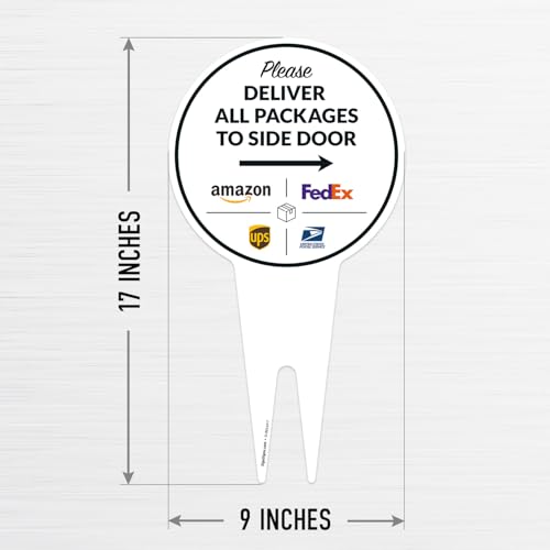 Image of Package Delivery Sign, Delivery Instructions Deliver All Package to Side Door Right Arrow Sign, 9x17 Inches Round Shape, Aluminum Composite Made in USA by Sigo Signs