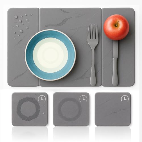 Image of Stone Drying Mat for Kitchen Counter with 5 Wooden Feet, 19.7"×14.7" Diatomaceous Earth Dish Drying Mat, Elevated Drying Stone Mat for Modern Kitchen Countertop (Light Gray, Medium)