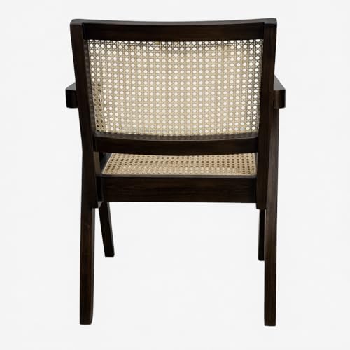 Image of Sainistree Furniture | Solid Sheesham Wood Rattan Armchair | Teak Brown Finish, Cane Back & Geen Upholstery | Mid-Century Modern Accent Chair for Living /Dining Room (Pair of 2, Rattan Walnut)