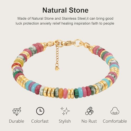 Adjustable Stackable Beaded Bracelets for Women Teen Girls Stainless Steel Natural Stone Waterproof Handmade Gold Colorful Link Bracelets for Mother Daughter Auntie Best Friends Sister4