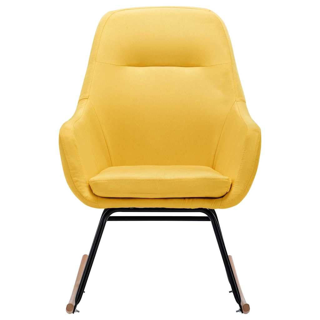 Fotel bujany, musztardowo-żółty, materiał z drewnianymi podłokietnikami i podnóżkiem, do salonu, sypialni, na balkon, ergonomiczny, stabilny, wygodny, fotel relaksacyjny, huśtawka, lounge, do
