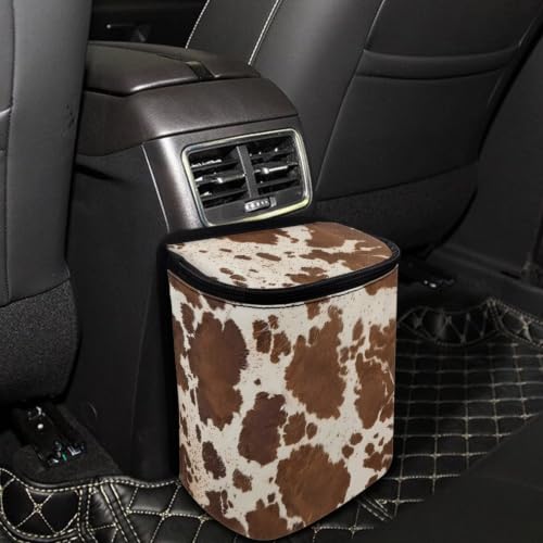 Image of Brown Cow Print Car Garbage Can with Adjustable Straps Car Hanging Trash Can with Lid Multipurpose Portable Trash Bag for Cars SUVs, Trucks