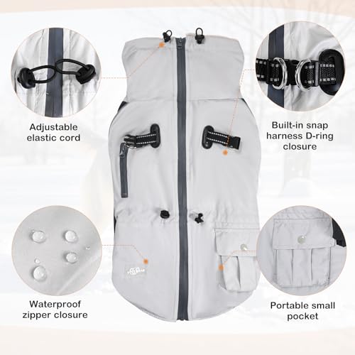 Hundemantel Grosse Winddicht Warmer Hundekapuzenpulli Eingebautes Geschirr Für Mittlere Und Große Hunde Geeignet Für Hunde Indoor Und Outdoor (Grau,XXL)