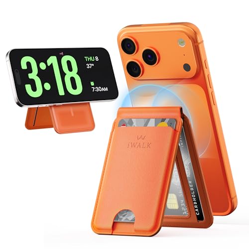 Image of iWALK Stronger Magnetic Wallet, Upgraded for MagSafe Wallet, RFID Blocking, 5 Card Holder with Adjustable Stand, Slim Leather Phone Wallets for iPhone 17 /16 /15 /14 /13 /12 Series, iPhone Wallets Orange