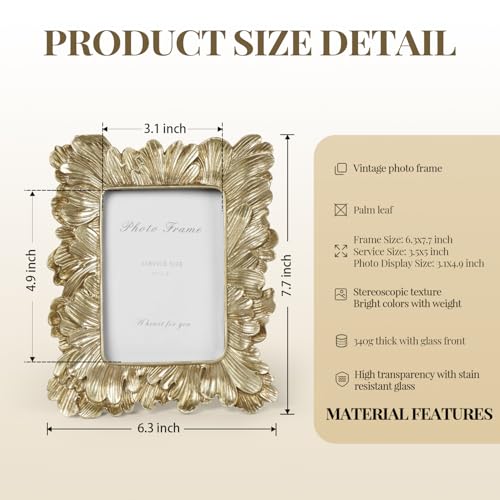 Small Gold Picture Frame 3x5 Frames, Vintage Gold Palm Leaves Textured Hand-Crafted Resin with Glass Front Elegant Retro Vintage Design Photo Frame for Wall and Tabletop Display Home Decor