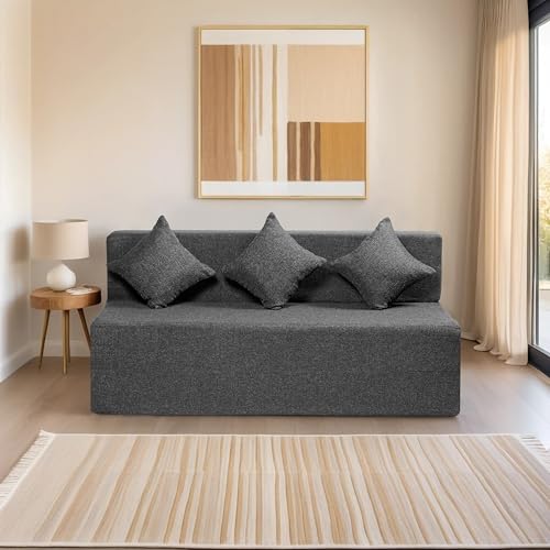 Image of Amazon Brand - Solimo 3 Seater 5 * 6 Jute Fabric Washable Cover Sofa Cum Bed with 3 Cushions 3 Seater Double Foam Fold Out Sofa Cum Bed (Finish Color - Grey Delivery Condition - Pre-Assembled)