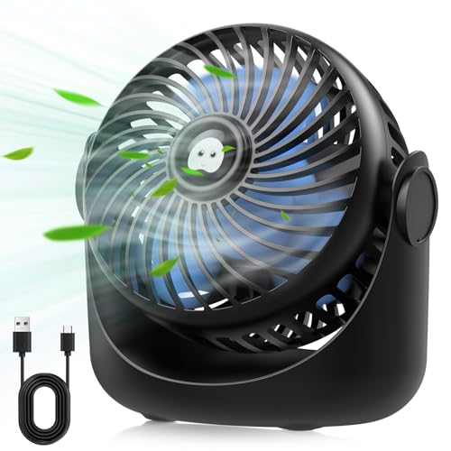 TDONE USB Desk Fan, 3 Speeds Strong Wind Small Cooling Fan, 360° Rotatable 5 inch Personal Mini Fan, 1500mAh Battery Operated Quiet Desktop Fan for Home Office Bedroom Dorm Indoor Outdoor(Black)