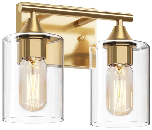 Image of Gold Vanity Lights for Bathroom,2-Light Bathroom Light Fixtures,Brushed Brass Gold Wall Sconce Lighting,Modern Wall Lamp for Mirror Bedroom Vanity Table Hallway