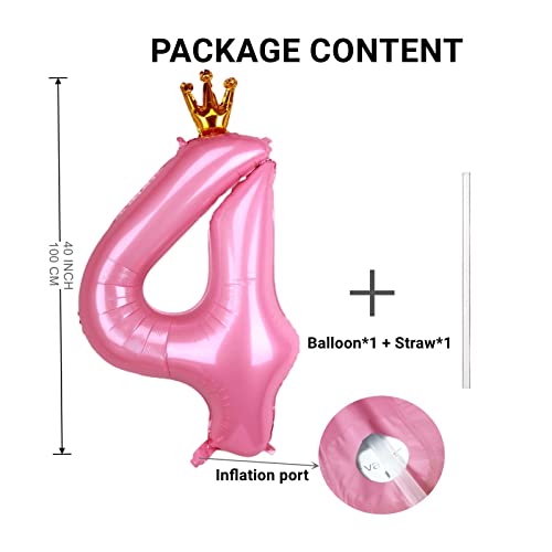 40 Inch Crown Pink Number 4 Balloon, Big Conjoined Baby Pink Foil Mylar Helium Digit 4 Balloon For Girl 4Th Birthday Party Decorations Anniversary Decor Theme Party Supplies #TOP1