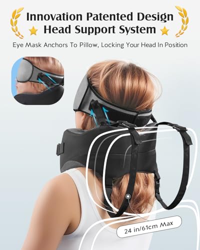 Image of YFONG Travel Pillow with Head Support & Sleep Mask for Long Flights, Grey | Patented 360 Support System, Prevents Bobbing, Airplane Head Strap, 3D Eye Mask, Memory Foam Neck Pillow, Travel Essential
