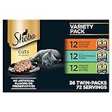 Sheba Perfect Portions Wet Cat Food Cuts in Gravy Variety Pack, Roasted Chicken Entree, with Sustainable Tuna, and Tender Turkey Entree, 2.6 oz. Twin-Pack Trays (36 Count, 72 Servings)