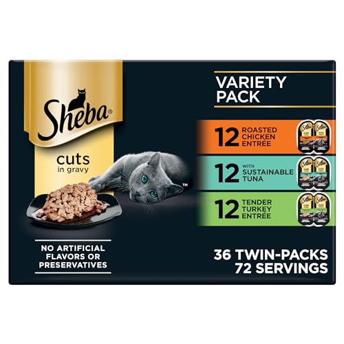 Sheba Perfect Portions Wet Cat Food Cuts in Gravy Variety Pack, Roasted Chicken Entree, with Sustainable Tuna, and Tender Turkey Entree, 2.6 oz. Twin-Pack Trays (36 Count, 72 Servings)