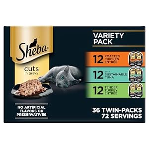 Sheba Perfect Portions Wet Cat Food Cuts in Gravy, Roasted Chicken Entree, with Sustainable Tuna, Tender Turkey Entree, 2.6 oz. Twin-Pack Trays (36 Count, 72 Servings)