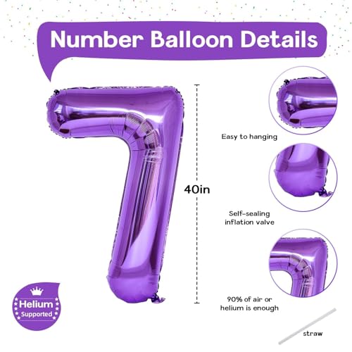 Image of 7th Birthday Number Balloon for Girls, 40 Inch Giant Mylar Purple 7 Balloon, Helium Self Inflating 7 Number Foil Balloon for Kids Birthday Party Decor Anniversary Graduation Party Decorations Supplies