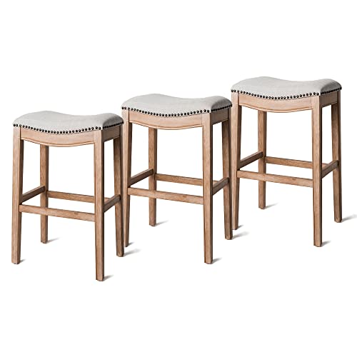 Maven Lane Adrien Kitchen Saddle Backless Bar Stool With Nailhead Trim, Weathered Oak, Bar Height, Set Of 3 #TOP21