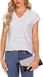 Kyzoeyou Women's Sequin Tops for Party Evening Glitter Sparkly Short Sleeve Blouse V Neck Tops (Silvery L)