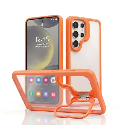 Image of amazon basics Frosted Matte Case for Samsung Galaxy S25 Ultra 5G | Built-in Flip-Out Camera Lens Stand | Translucent Back with Contrast Orange Bumper | Shockproof Protective Cover