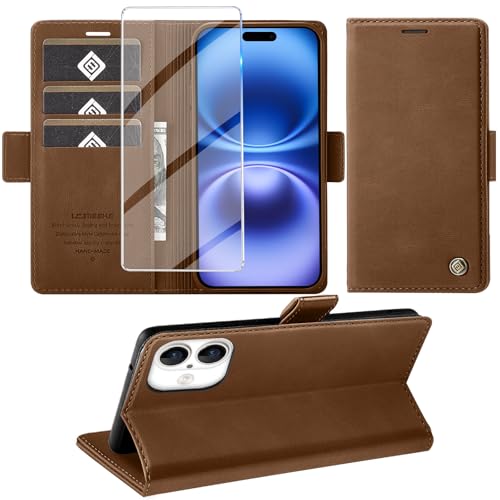 Étui cuir Giyer pour iPhone 16 : protection intégrale marron avec porte-cartes et support