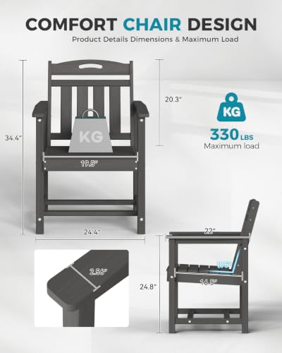 Image of Ciokea HDPE Outdoor Patio Dining Chairs Set of 2, All-Weather Porch Chair with Wide Seat, Durable Outdoor Furniture for Backyard, Garden, Lawn & Poolside, Grey