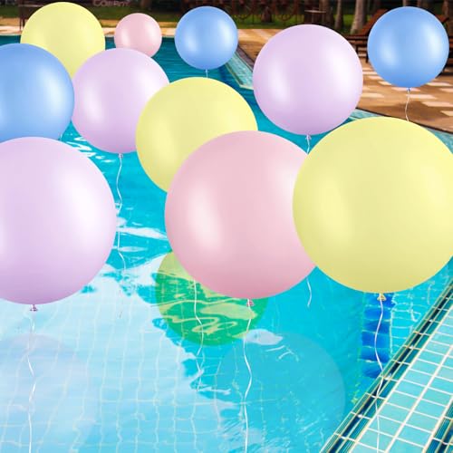 Image of Gejoy 24 Pcs Pool Giant Balloons 36 /24 /18 Inch Jumbo Large Big Latex Balloons Bulk with Ribbon for Pool Decorations Garland Arch Wedding Birthday Supply, Needs to Be Filled with Helium(Pastel)