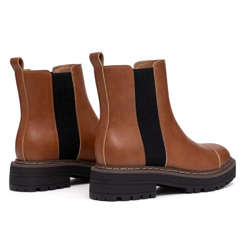 Athlefit Women's Chelsea Ankle Boots Platform Chunky Heel Brown Boots Slip On Comfortable Round Toe Elastic Fall Booties Size 5.5 — view 6