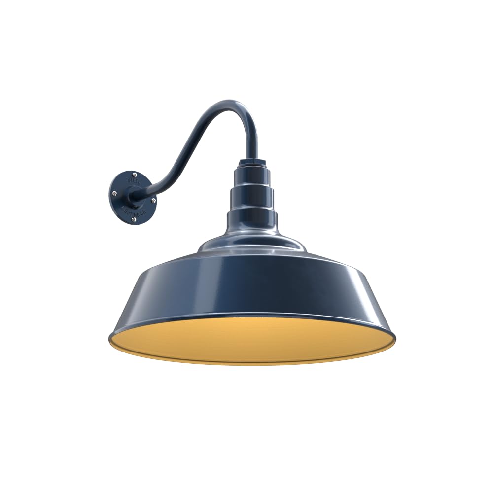 Steel Lighting Co.Redondo Barn Light | Outdoor Wall Mounted | 20 inch Dome | 16" Gooseneck | Large Farmhouse Warehouse Light Made in America | Gray Blue Exterior/Brass Interior