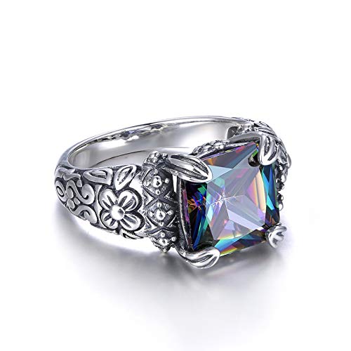4.25CT Princess Cut Simulated Mystic Rainbow Topaz Antique Design Black Oxidized Finish 925 Sterling Silver Floral Band Gemstone Ring for Women4