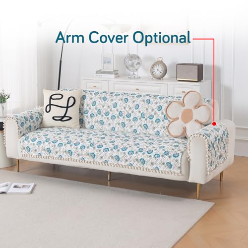 Image of HOKIPO Cerulean Bloom Quilted Sofa Cover 6 Seater with Tassels Set - Washable 3+2+1 Sofa Panel for Seat & Back | 'Tassel Twigs' Series (IN-991-T6 + IN-990-T6 + IN-989-T6)