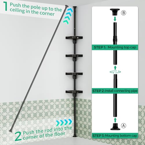 Image of shuang qing 4-Tier Corner Shower Caddy Tension Pole Organizer (Black) | 4-Tier rotating shelves with hooks, adjustable tray height, upgraded rustproof metal pole, removable trays for shower storage
