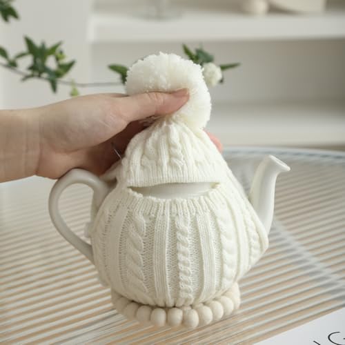 Image of One-Piece Cable Knit Teapot Cozy with Pom Pom Top, Acrylic Insulated Tea Pot Cover with 2 Button Fasteners & Lid Opening, British Style Hot Cold Insulator for 2 Cup 15-20oz Teapots,white
