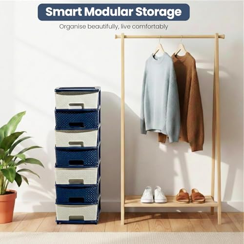 Image of Plastic Modular Drawer Storage Chest Of Drawers Organizer Storage Box, Large Stomo Racks For Multipurpose Anti-slip Shoes Organizers (White & Blue, 7 Layer)