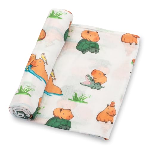 Image of LollyBanks Swaddle Blanket, 100% Cotton Muslin Swaddle Blankets, Neutral Swaddle Blanket 47 x 47 Inches, Baby Blanket for Boys and Girls, Baby Essentials, Registry (Capybara Print)