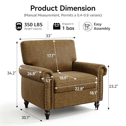 Image of Nailhead Trim Accent Chair,Faux Leahter Mid Century Modern Living Room Arm Chairs,Comfy Bedroom Reading Chair for Adults,Cozy Single Sofa Corner Side Room Chair,Vintage Brown
