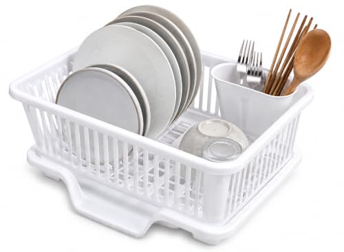 Image of Heavy Duty 2-Piece Plastic Dish Drying Rack Set in White - Includes Large Dish Drainer, Attached Drainboard, and Utensil Cup Holders for Home Kitchen Countertop Organization