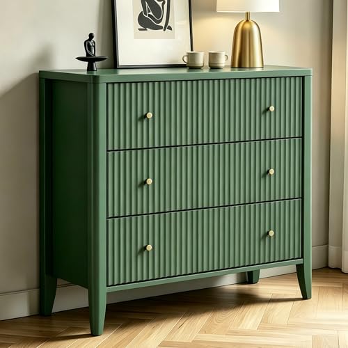 Image of Fatmok Fluted 3 Drawer Dresser for Bedroom, 34 inch Wide Chest of Drawers, Modern Wood Nightstand End Table with Metal Handles, Striped Storage Cabinet for Living Room, Hallway, Entryway, Green