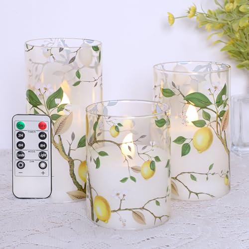 Image of Flameless LED Candles with Remote Lemon Decal Glass Flickering Battery Operated Candles for Home Room Party Wedding Holiday Christmas Valentine's Day Decor - Set of 3